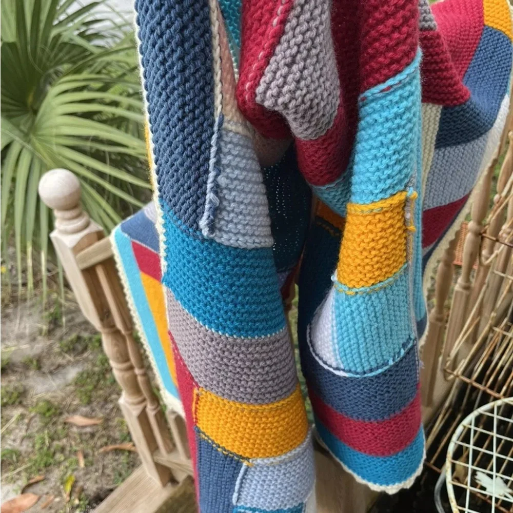 Log Cabin Stripe Afghan Throw Blanket 44” X 66” Knit Crochet Handmade Vintage